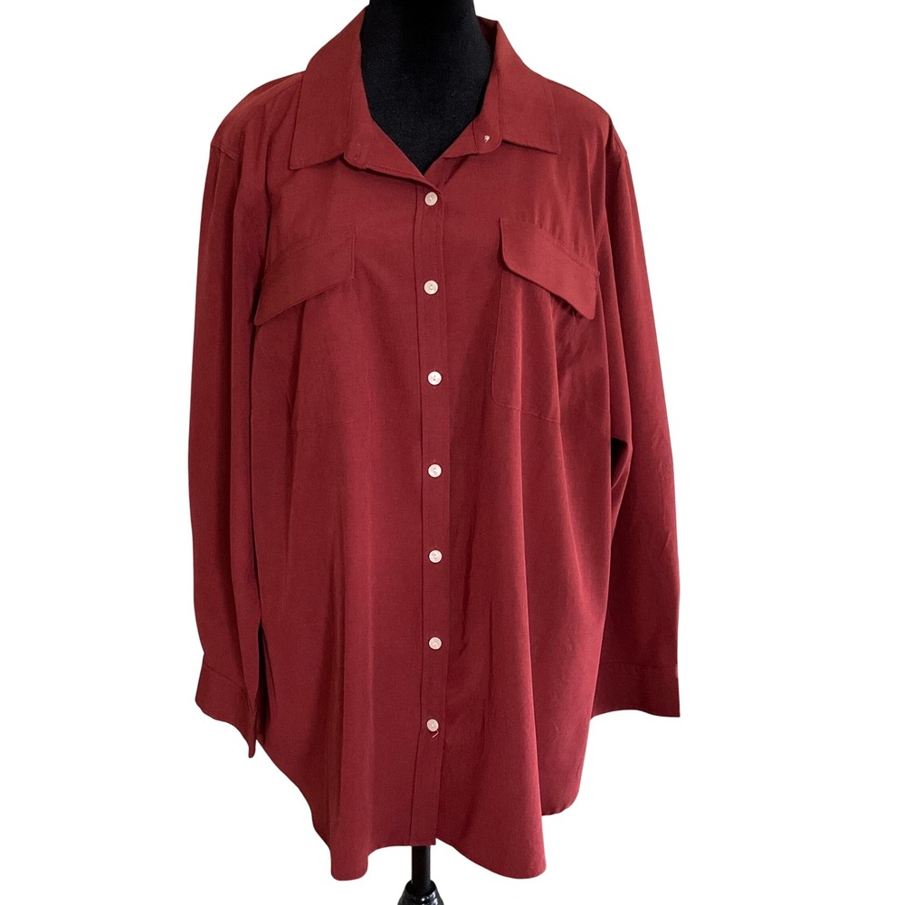 Lands End Burnt Orange Stretch Utility Shirt Tunic Top Long Slv Zip Side Pkt 2X